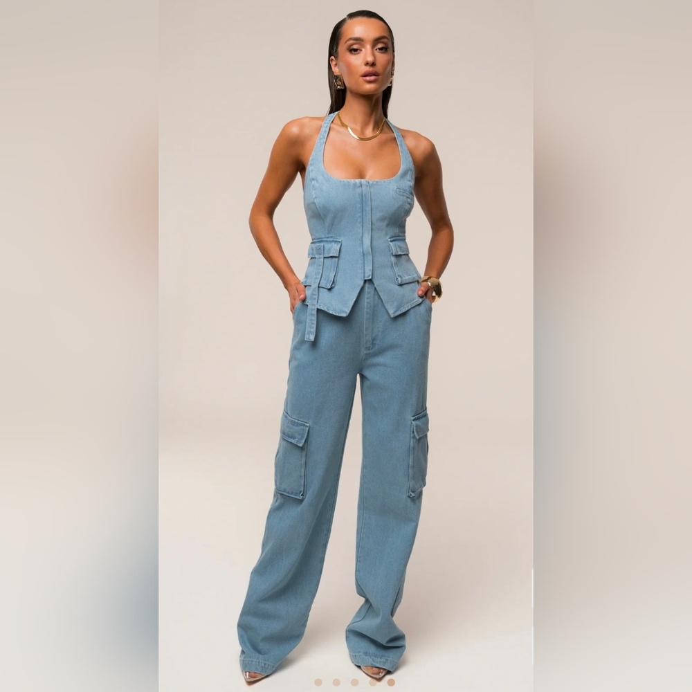 JLUXELABEL Denim Cargo Pants with Josie Denim Halter Top